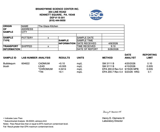 Lab report from Brandywine Science Center Inc. with sample analysis details.